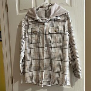 SHEIN Plaid Hoodie Sweatshirt - Cream and Gray
